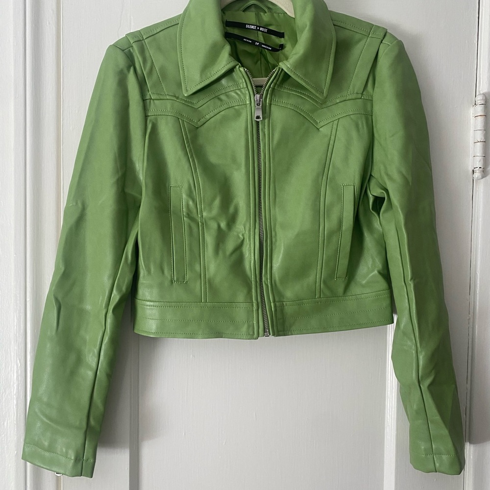 Silence + Noise Green Cropped Leather Jacket